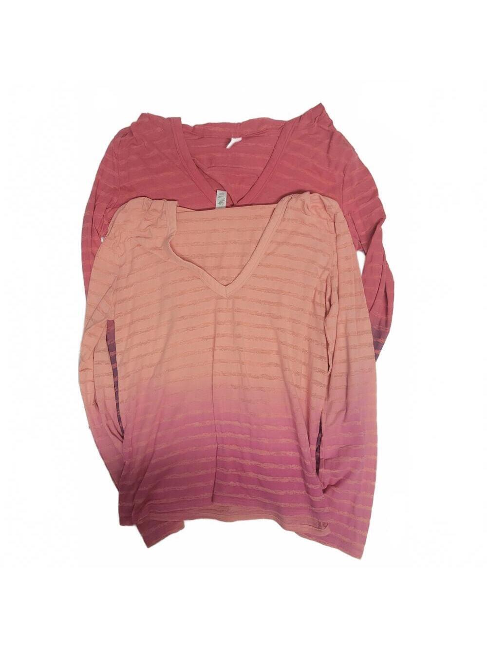 Women's Ombre Stripe Long Sleeve Deep V-Neck Hooded Shirt Bundle Size L Pink